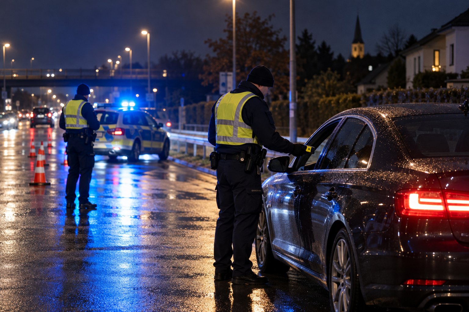 Nächtliche Verkehrskontrolle eines Autos bei Regen