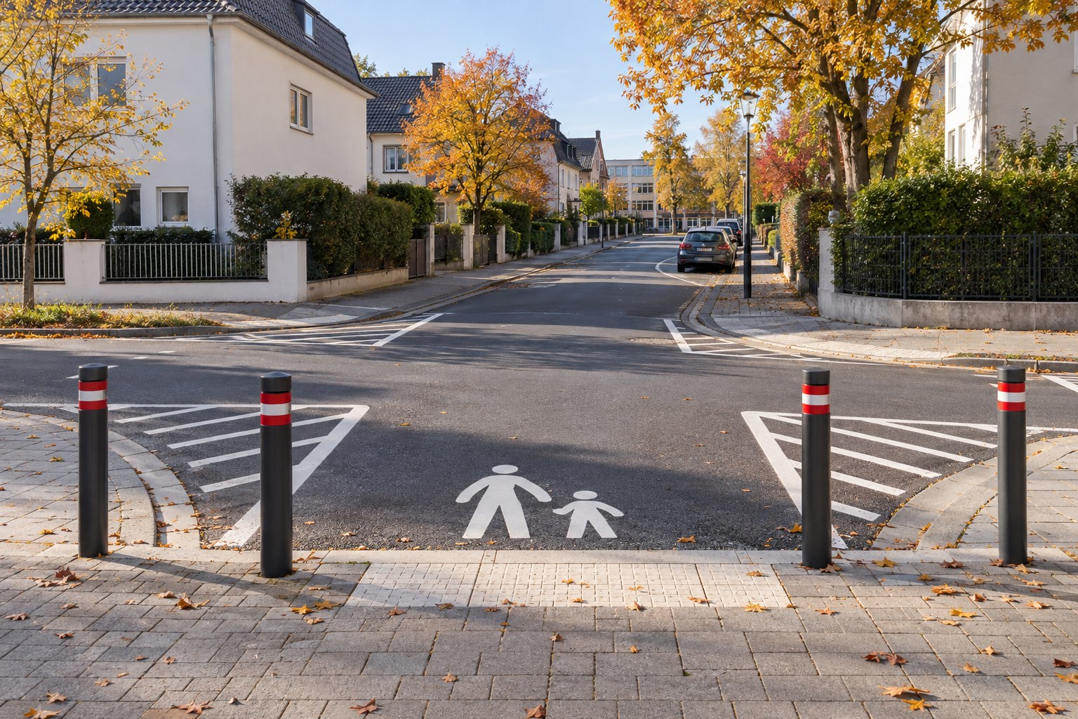 Neue Querungsstelle mit Pollern und Fahrbahnmarkierungen