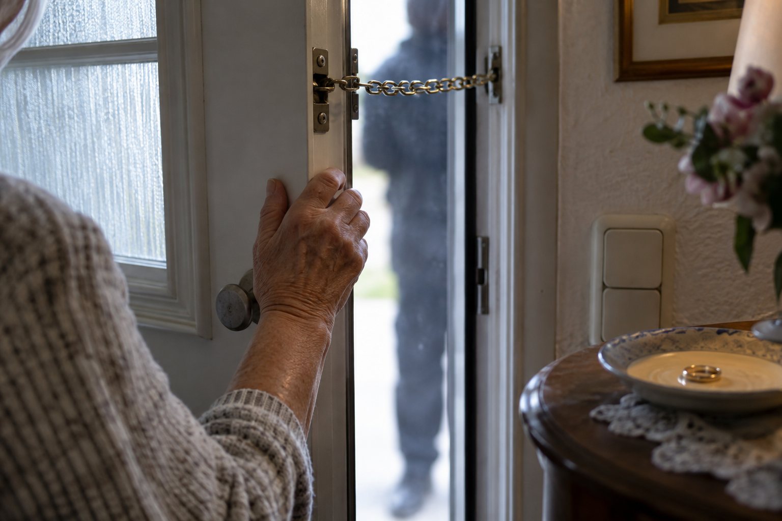 Geschlossene Haustür mit Sicherungskette als Symbol für Schutz vor Trickbetrug