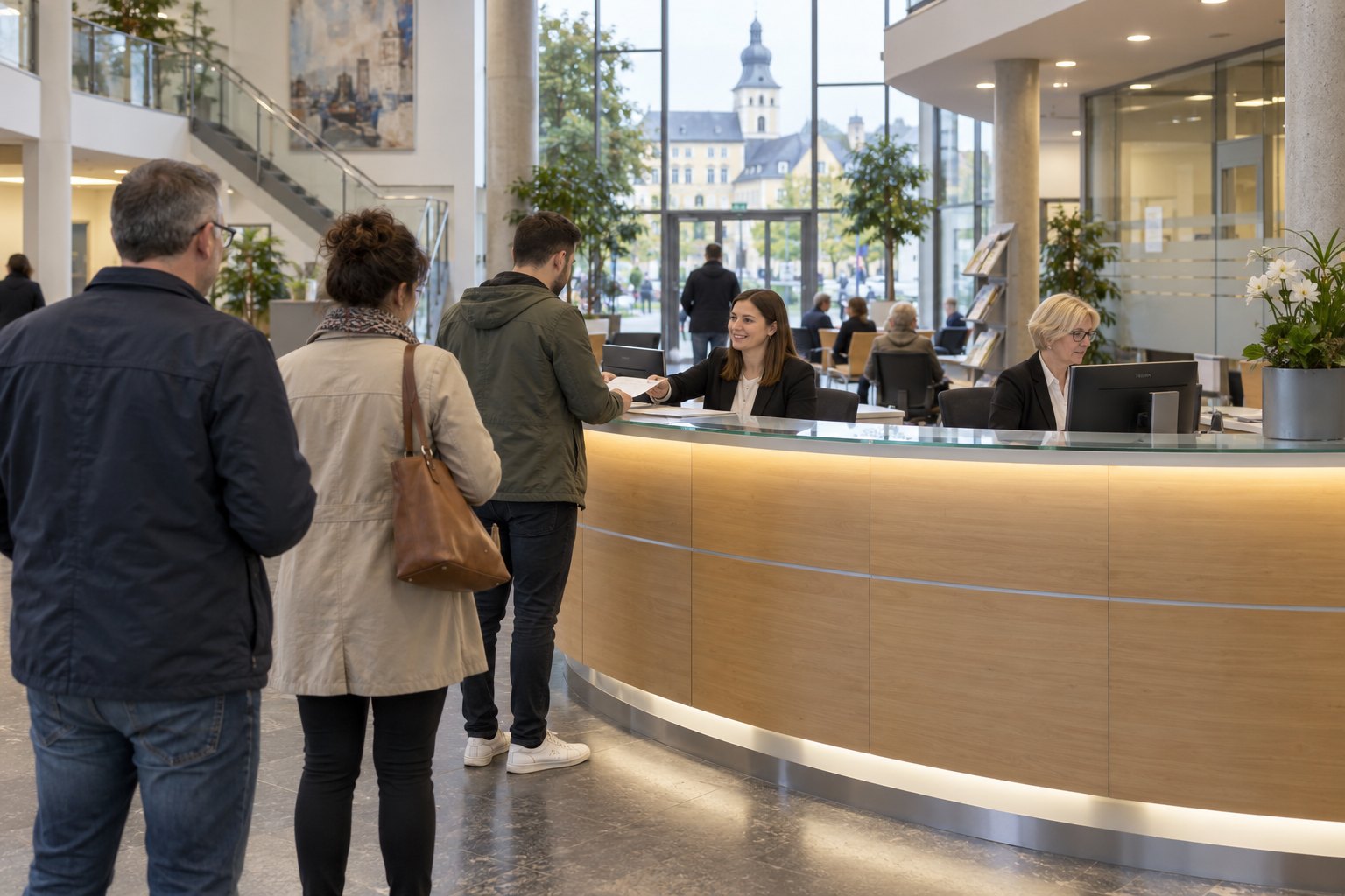 Realistisches Symbolbild einer zentralen Servicetheke in einem Rathaus