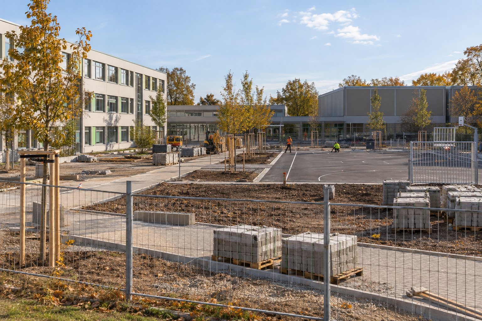 Symbolbild: Baustelle auf dem Außengelände einer deutschen Gesamtschule mit neuen Wegen, Bäumen und Sportfläche