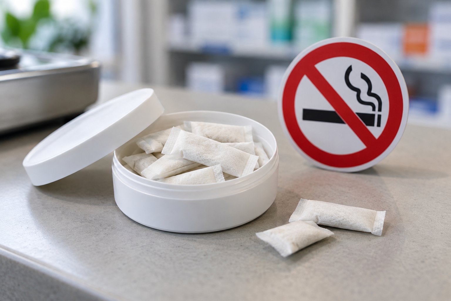 Geöffnete Dose mit tabakfreien Nikotinbeuteln neben einem Verbotssymbol – Symbolbild