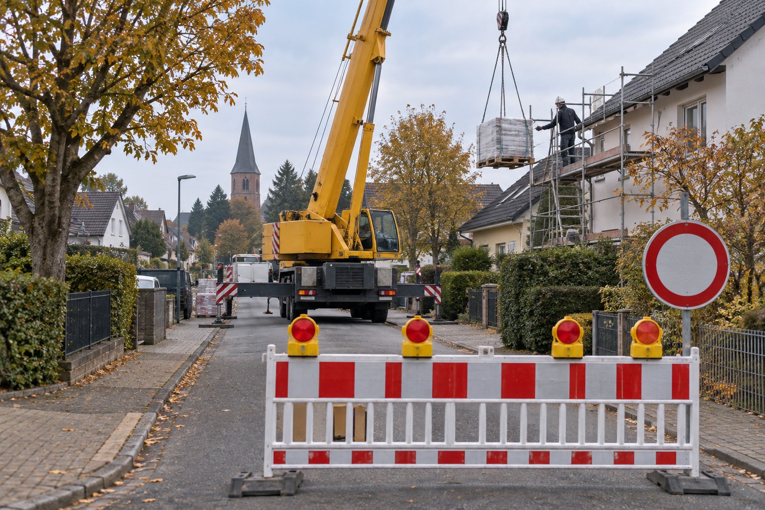 Straßensperrung mit Autokran in einer Wohnstraße in Friesheim