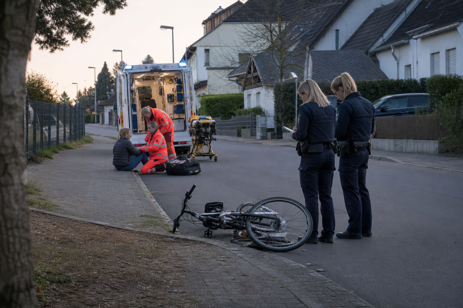 Polizei und Rettungsdienst an einer Unfallstelle mit Fahrrad in Hürth-Gleuel