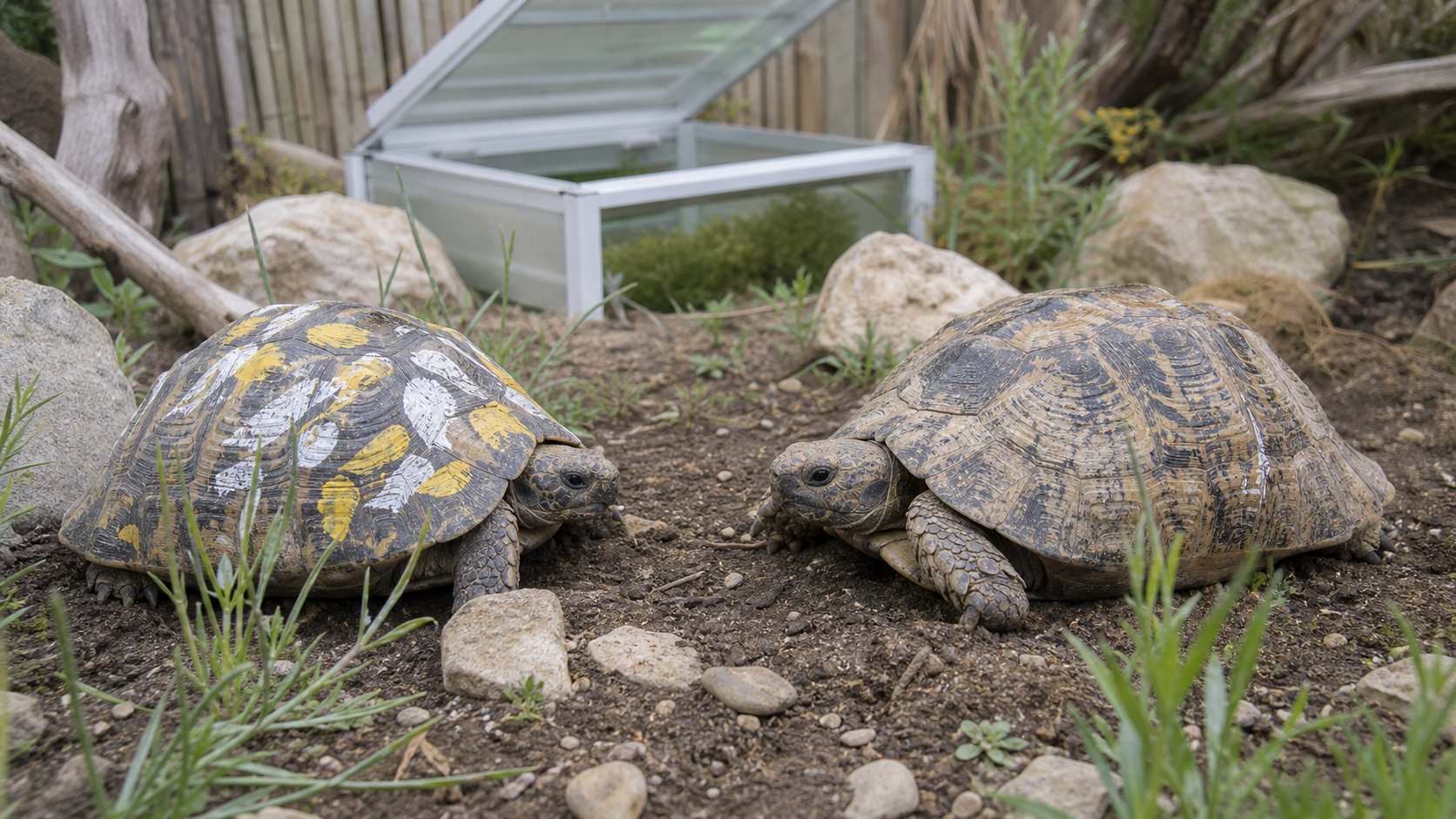 Zwei Landschildkröten in einer gesicherten Pflegestelle, eine davon mit silber-gelben Farbspuren