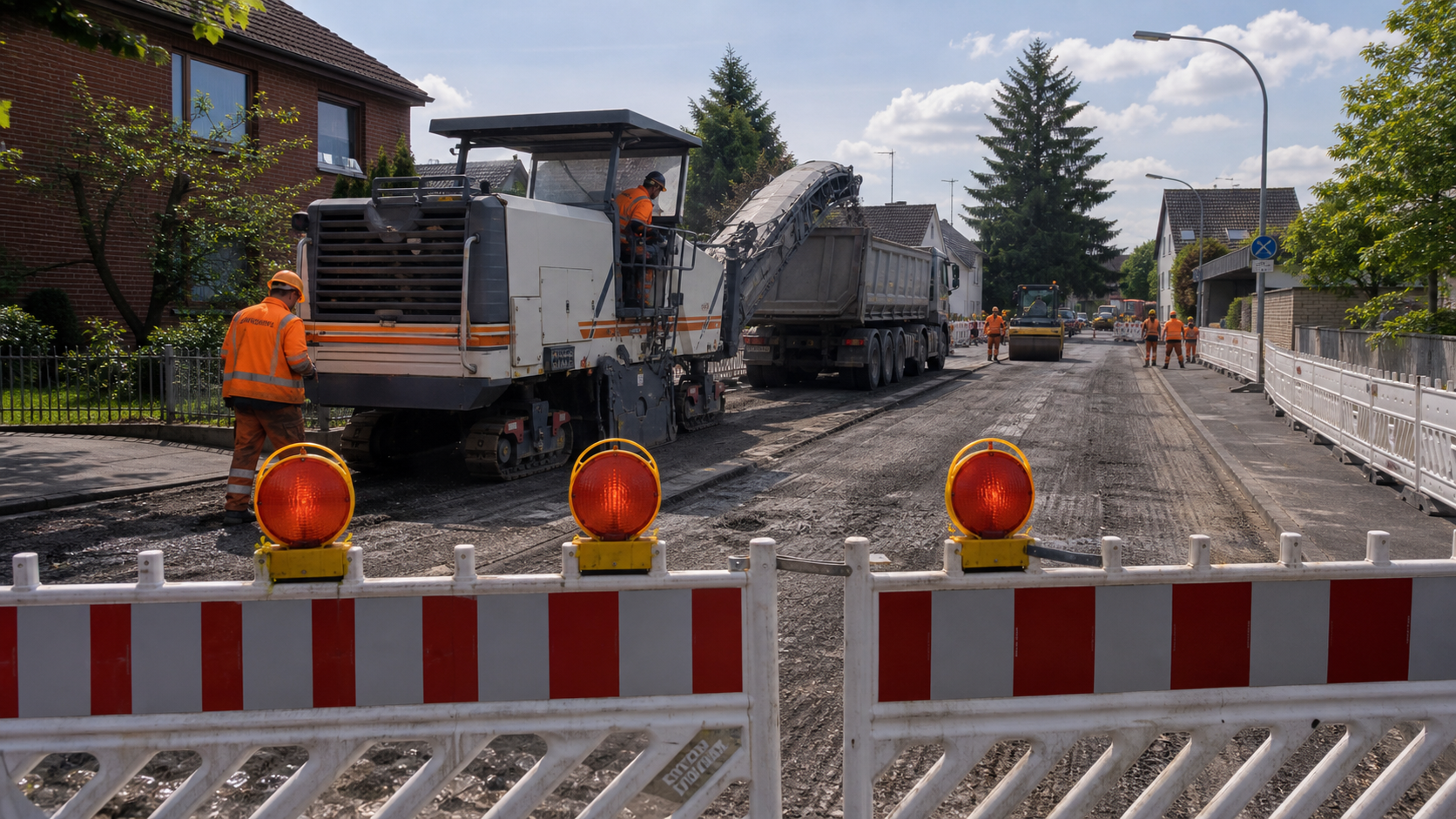 Asphaltarbeiten hinter einer Vollsperrung auf einer Ortsstraße
