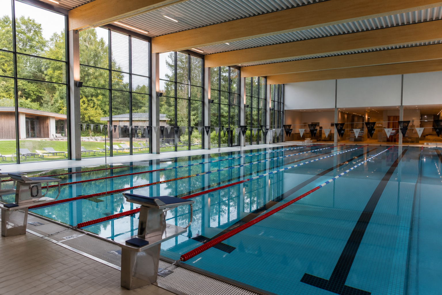 Hallenbad mit Schwimmbahnen und Blick in einen grünen Saunagarten
