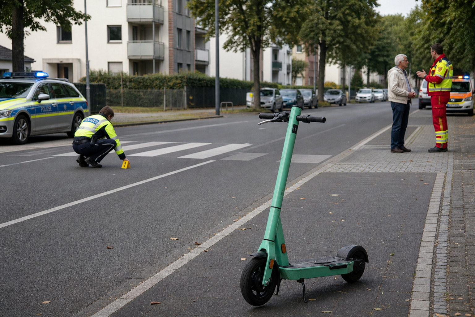 Symbolbild einer polizeilichen Unfallaufnahme mit E-Scooter in einer Hürther Straße