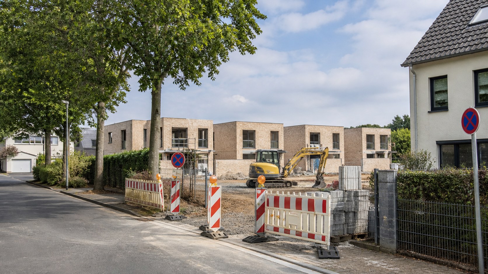 Baustelle und vorübergehende Straßensperrung in einem Wohngebiet