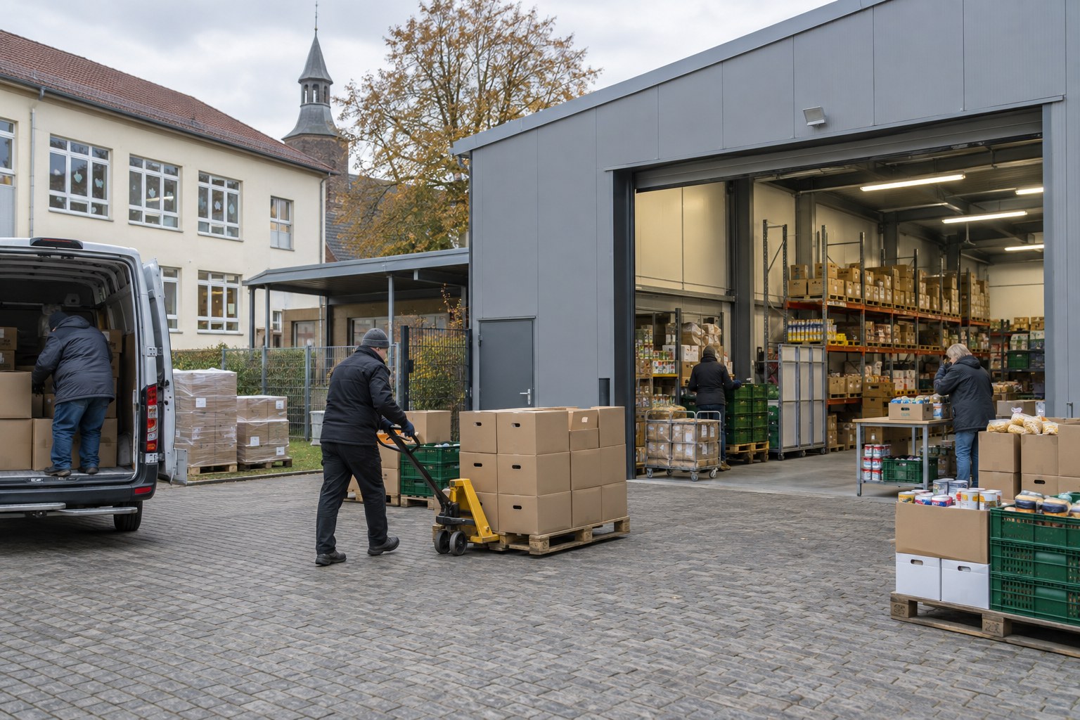 Lebensmittellager mit Paletten und ehrenamtlichen Helfern – Symbolbild