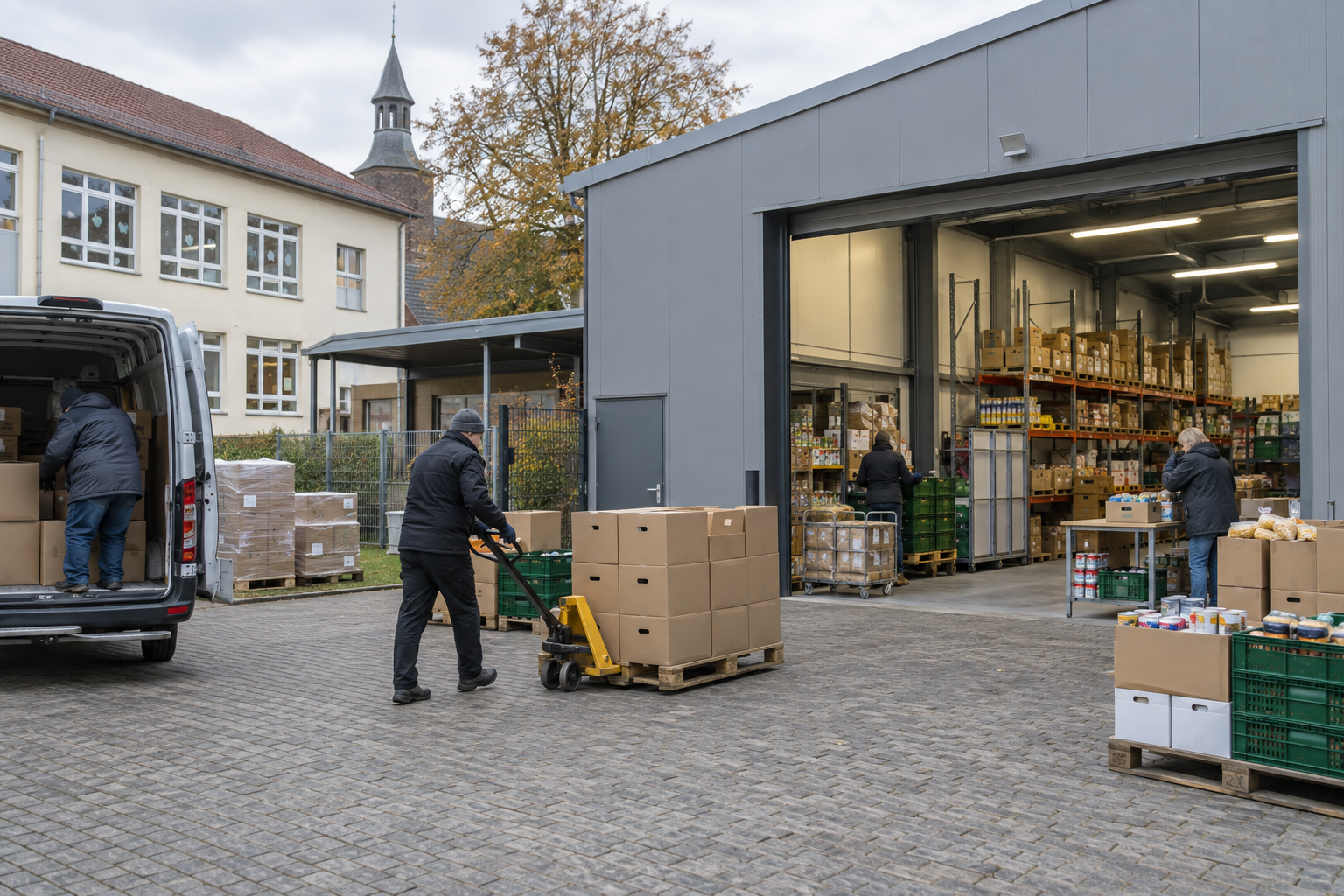 Lebensmittellager mit Paletten und ehrenamtlichen Helfern – Symbolbild