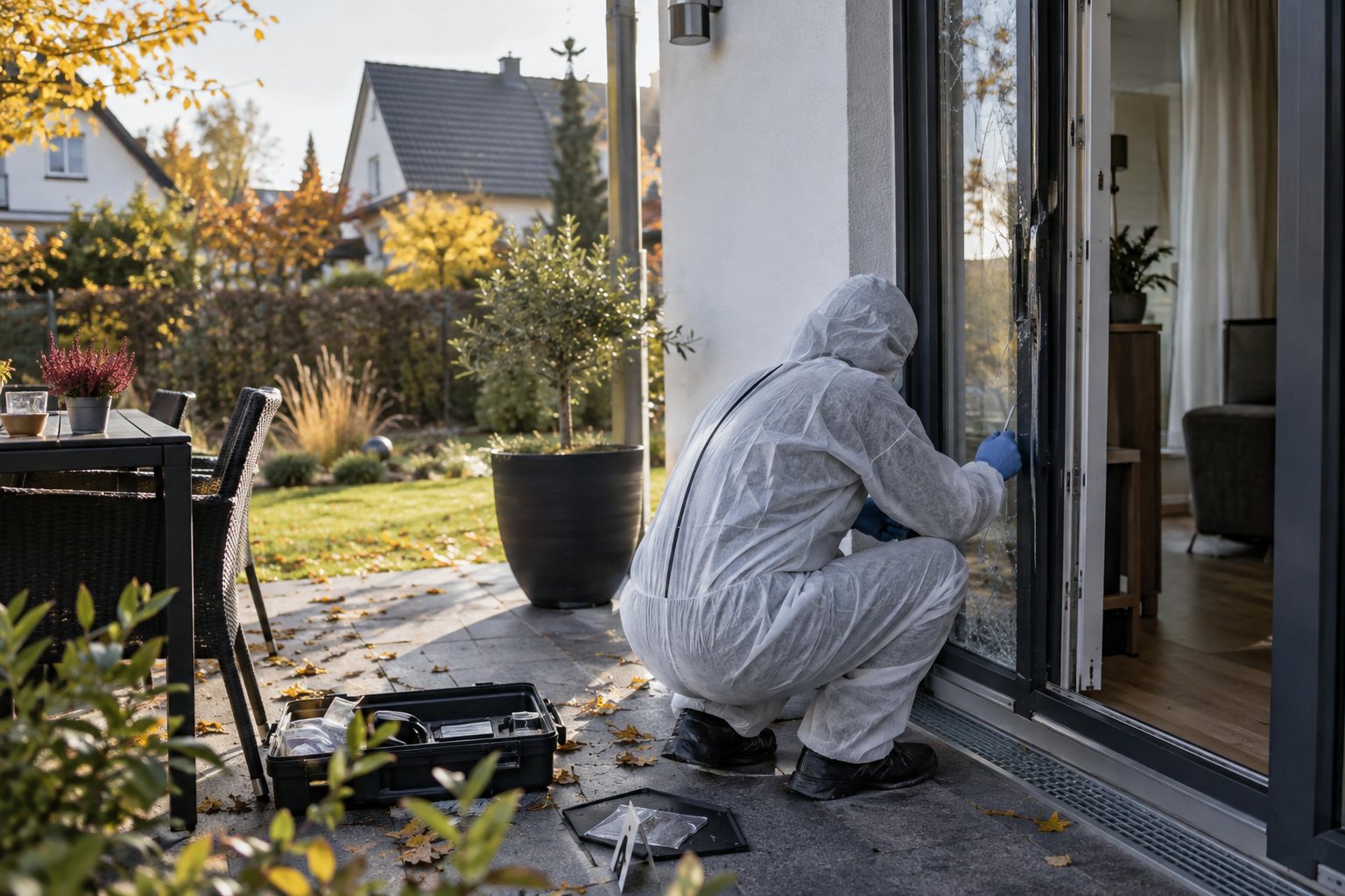 Spurensicherung an einer beschädigten Terrassentür eines Wohnhauses