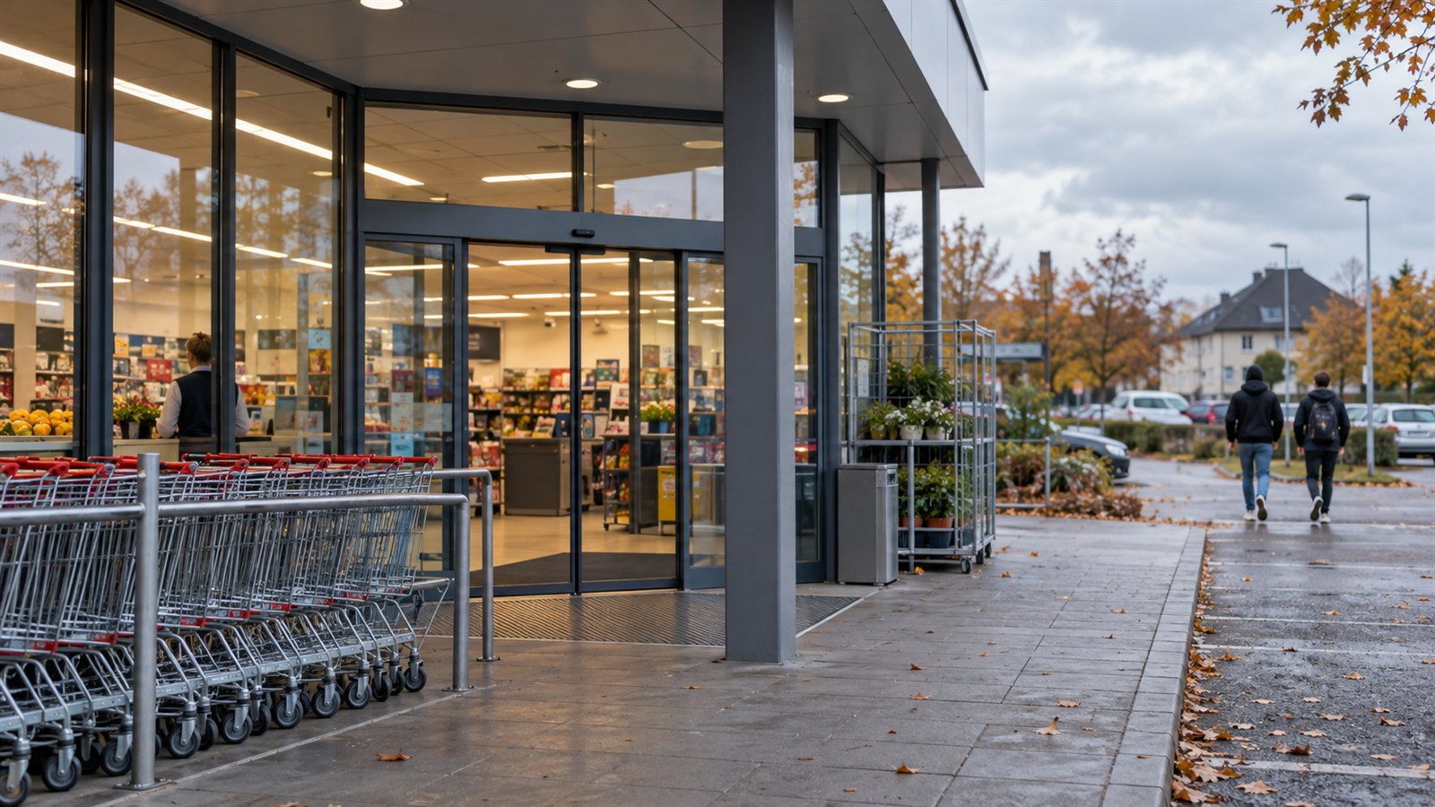 Neutraler Eingang eines Lebensmittelmarktes an einem herbstlichen Nachmittag
