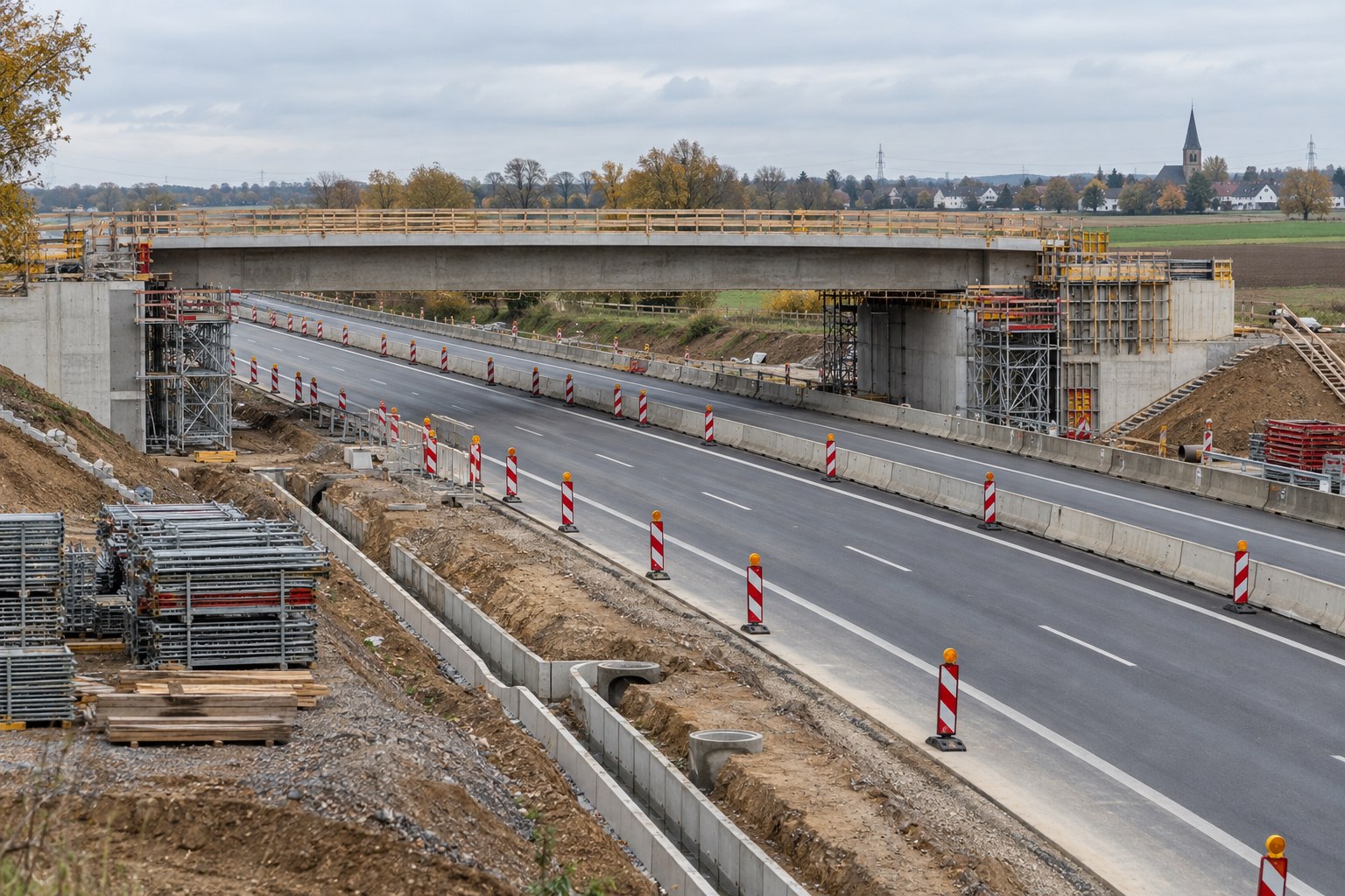 Gesperrte Autobahn an einer Brückenbaustelle bei Erftstadt