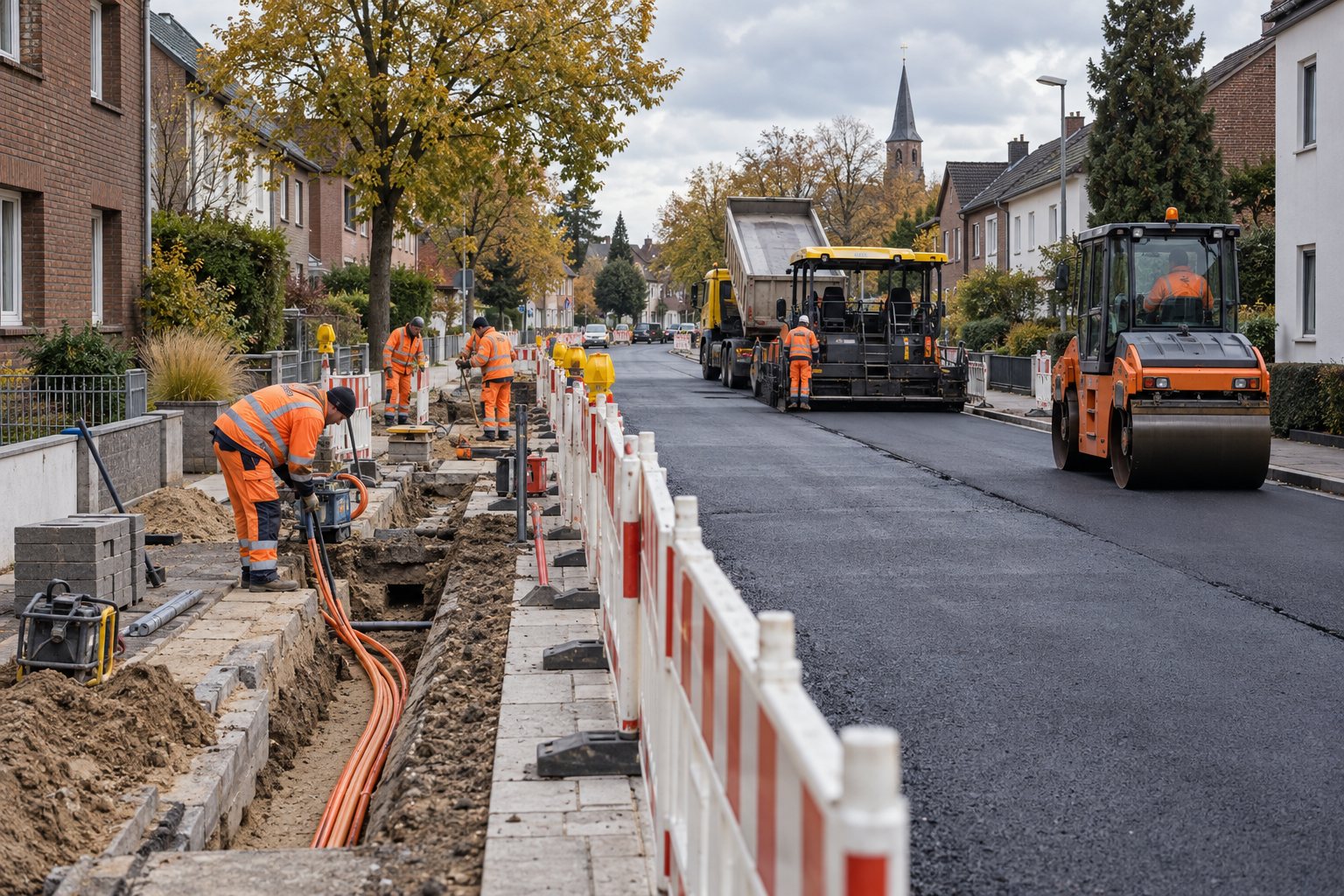 Symbolbild: Straßenbau und Glasfaserarbeiten in einer rheinischen Wohnstraße