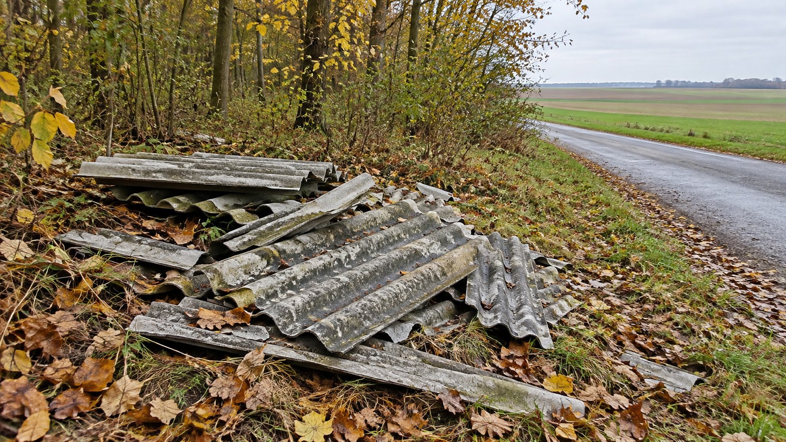Illegal abgelagerte Faserzementplatten an einem Waldrand bei Erftstadt