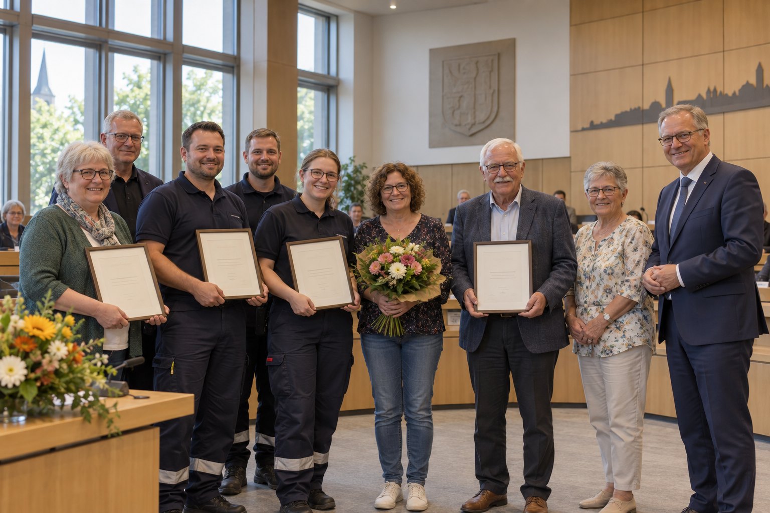 Ehrung mehrerer ehrenamtlich engagierter Gruppen in einem Ratssaal