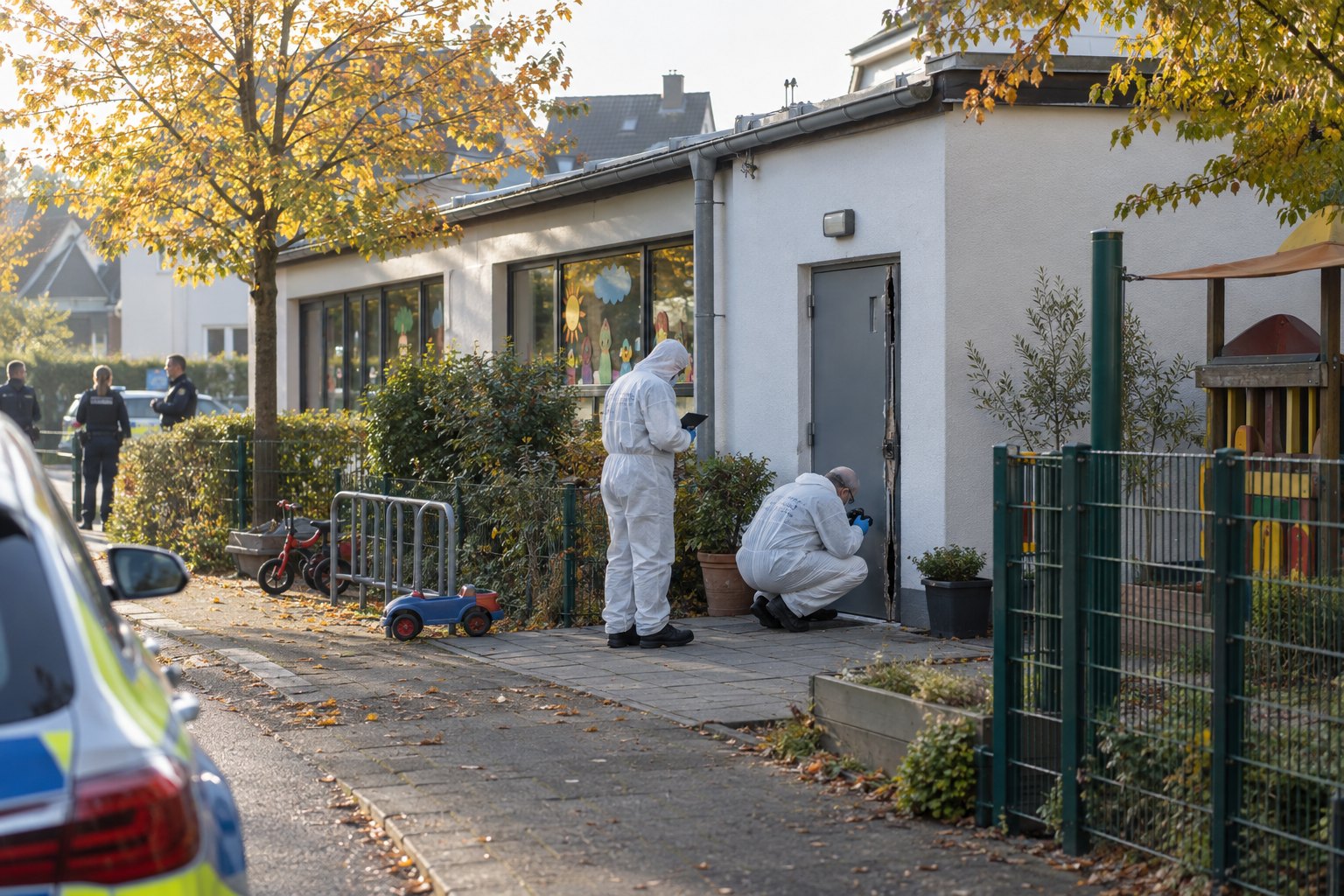 Realistisches redaktionelles Symbolbild einer Spurensicherung an einer Kindertagesstätte