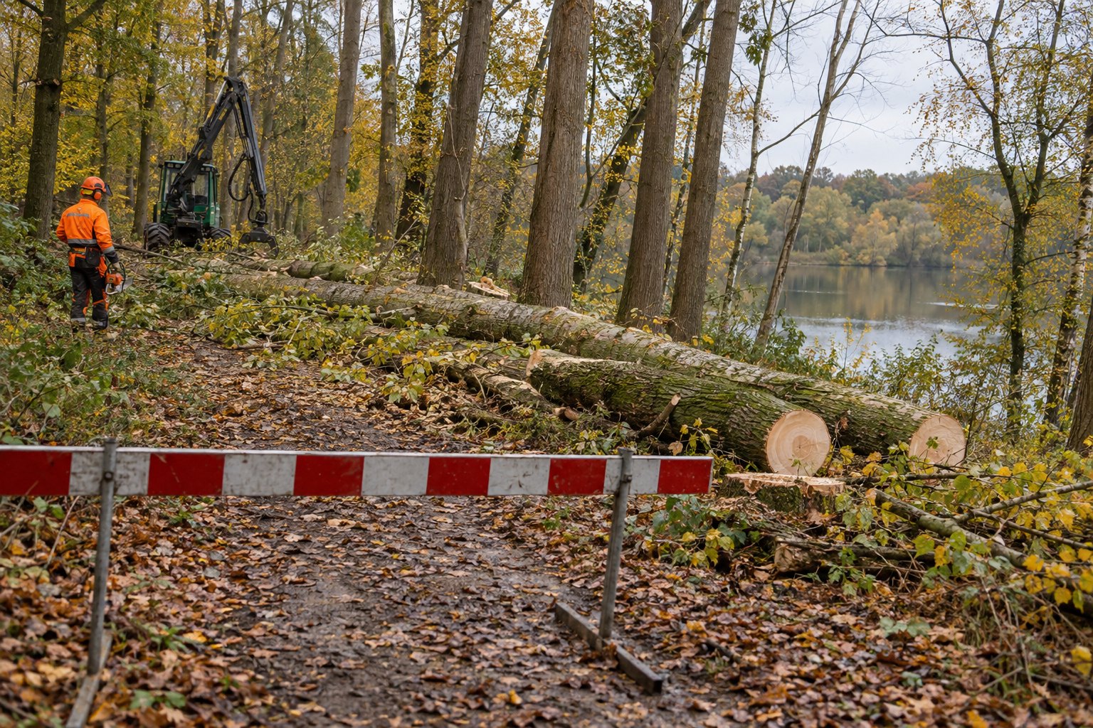 Forstarbeiten an einem abgesperrten Waldweg neben einem See in der Ville