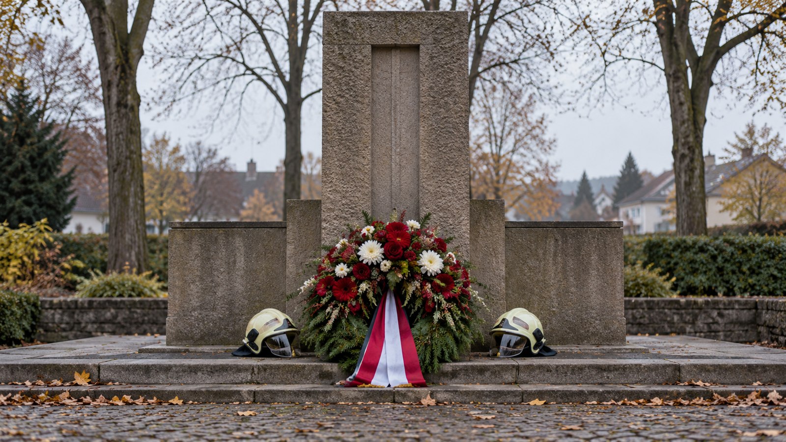 Gedenkkranz und zwei Feuerwehrhelme an einem steinernen Mahnmal