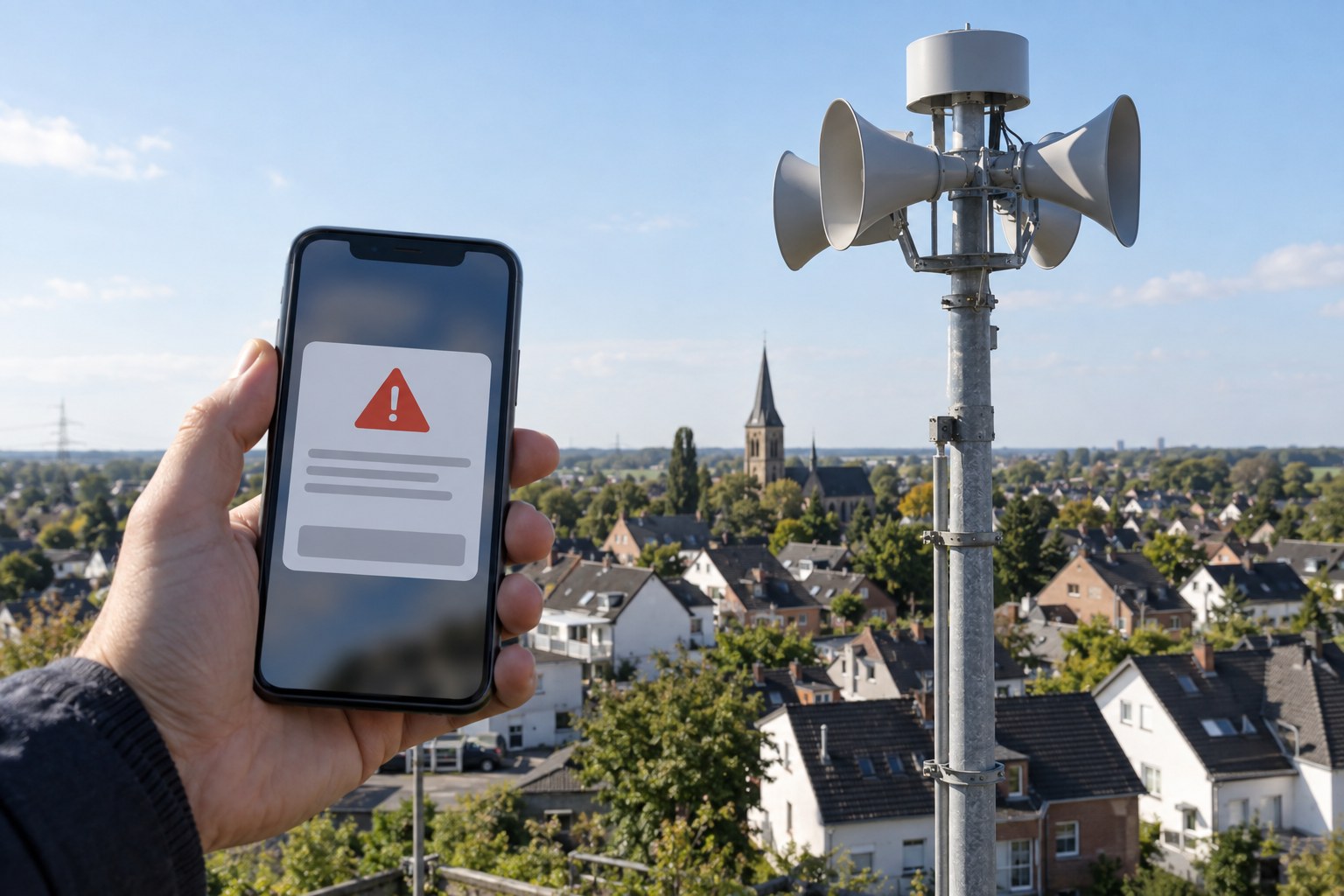 Sirenentest und Warnmeldung auf einem Mobiltelefon als Symbolbild