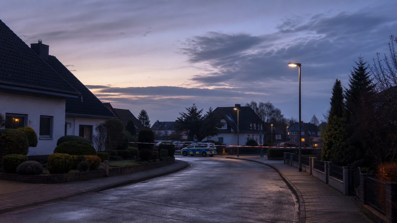 Nächtliche Wohnstraße mit Polizeisperre als redaktionelles Symbolbild