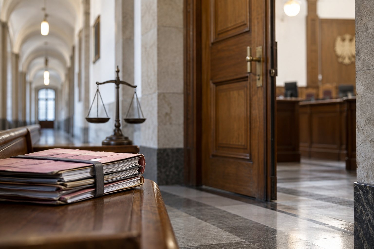 Neutrales redaktionelles Bild eines Gerichtsflurs mit Akten und Justizwaage