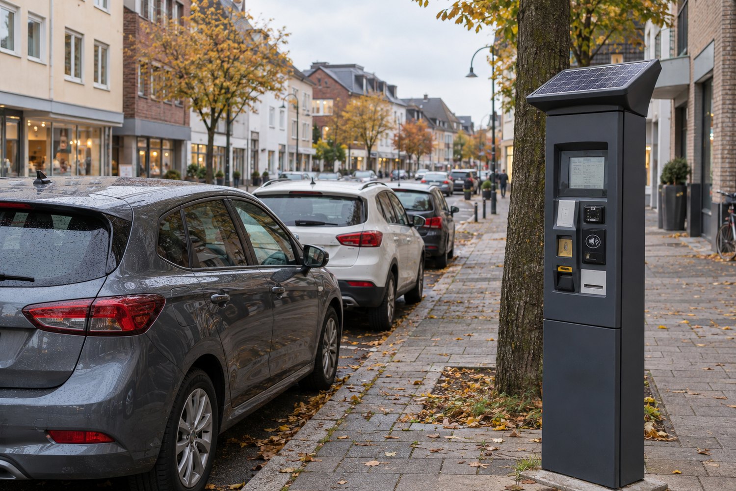 Parkende Autos und ein solarbetriebener Parkscheinautomat in einer Innenstadtstraße