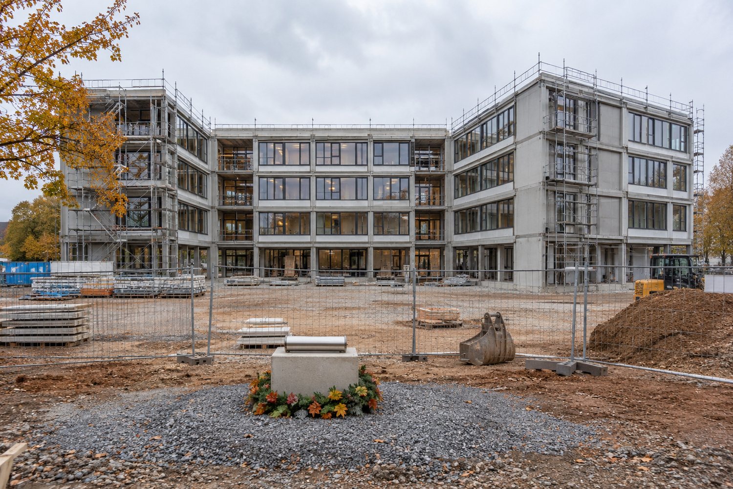 Realistisches redaktionelles Symbolbild eines viergeschossigen modularen Schulgebäudes im Bau