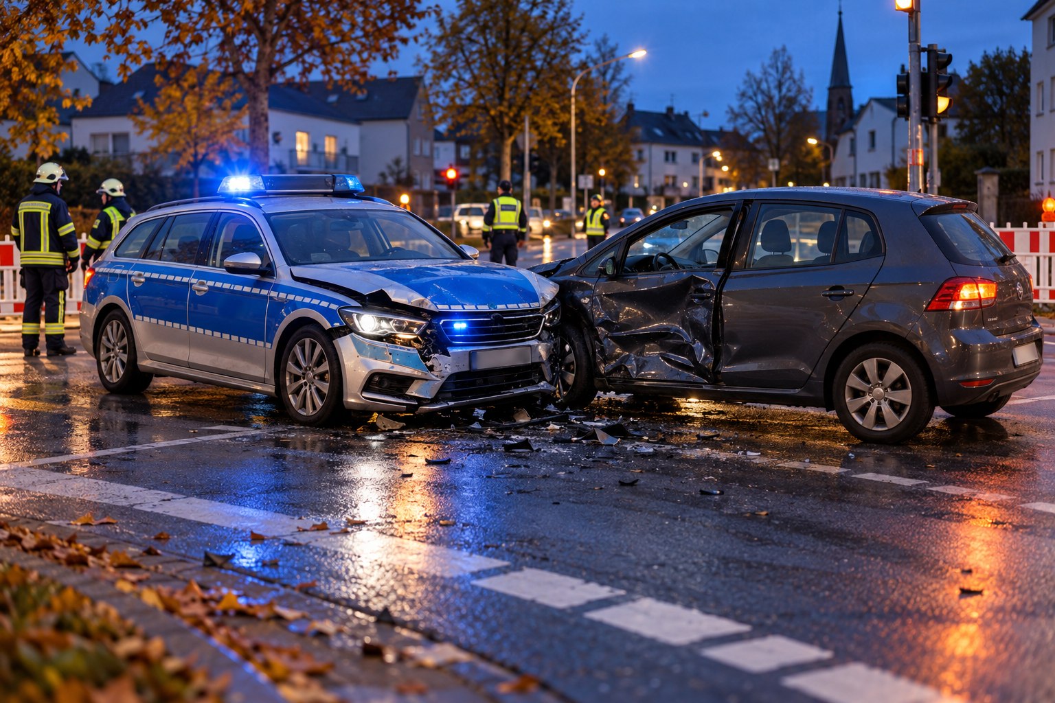 Beschädigter Streifenwagen und Auto an einer gesperrten Kreuzung