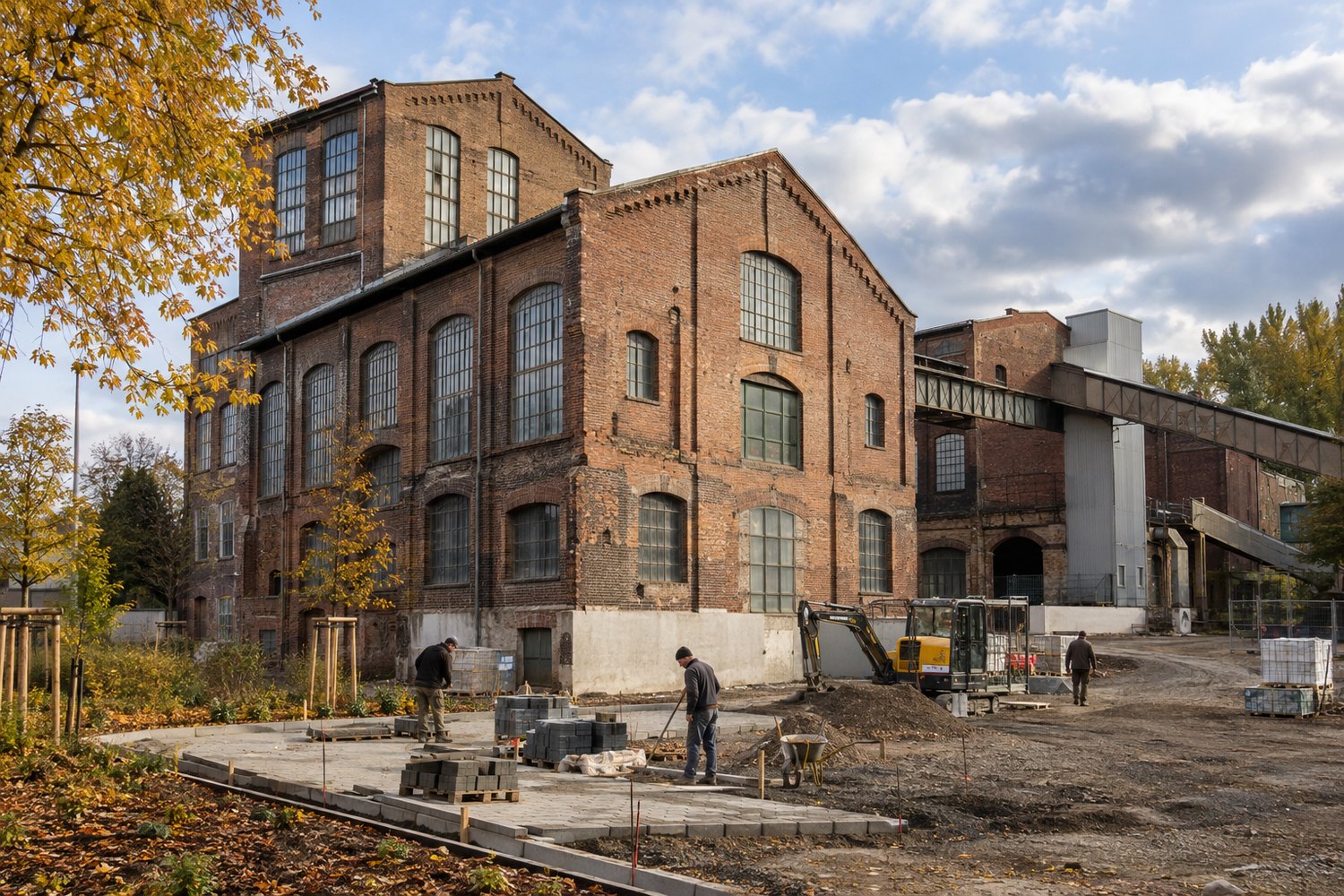 Historisches Industriegebäude aus Backstein auf einem Entwicklungsareal