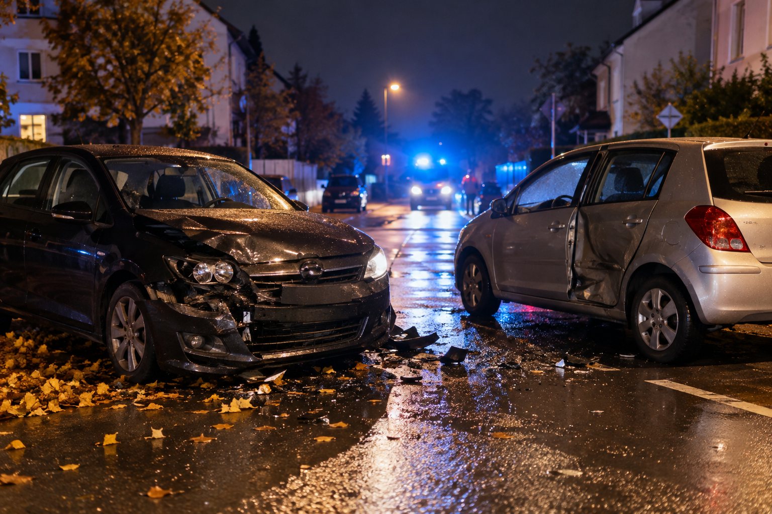 Zwei beschädigte Autos an einer nächtlichen Kreuzung in Frechen