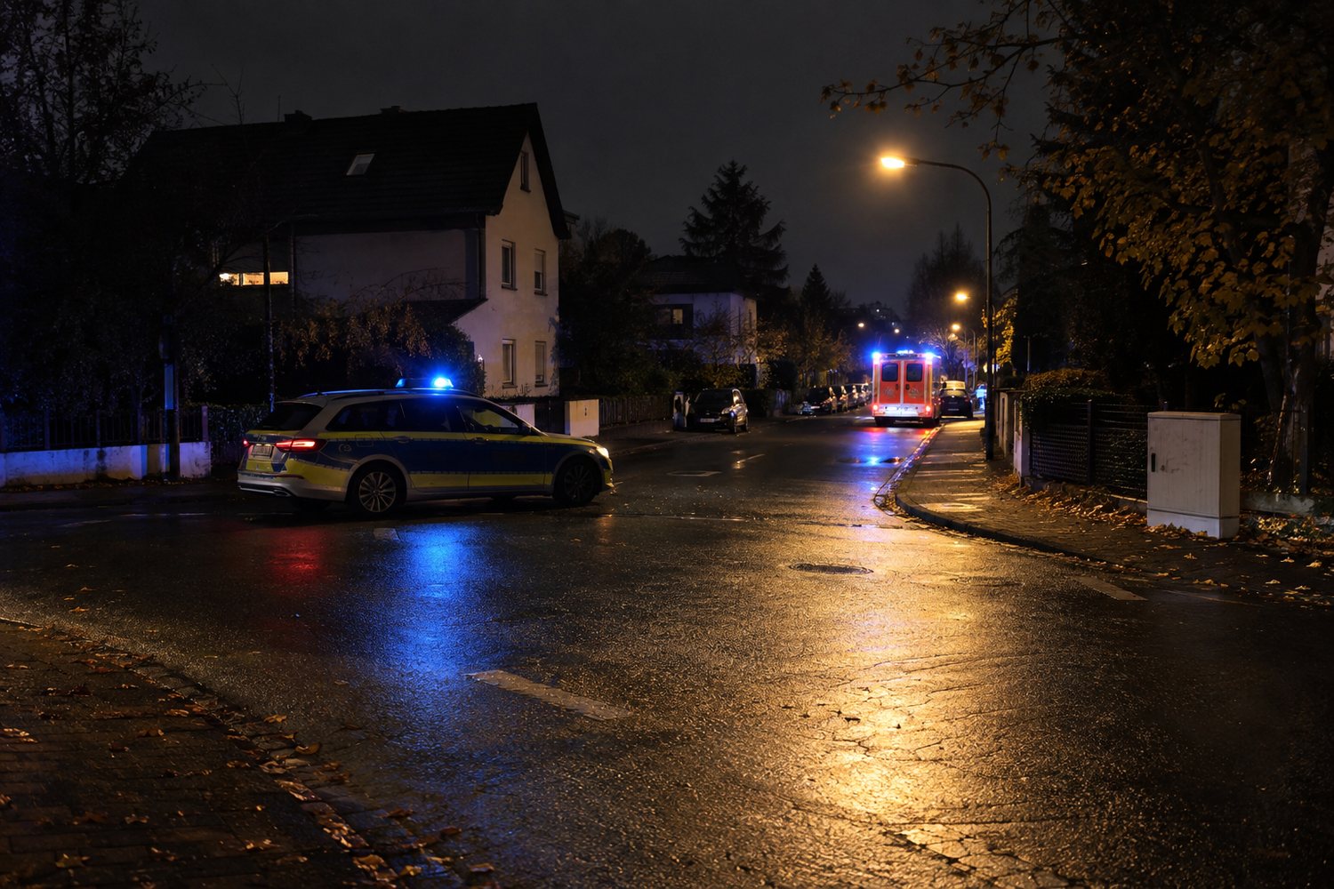 Realistisches redaktionelles Symbolbild eines nächtlichen Polizeieinsatzes in einer Hürther Wohnstraße