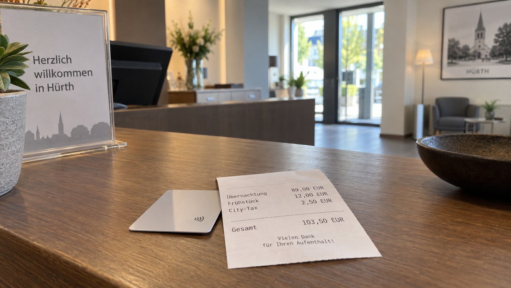 Hotelrezeption mit Rechnung über eine Übernachtungssteuer in Hürth