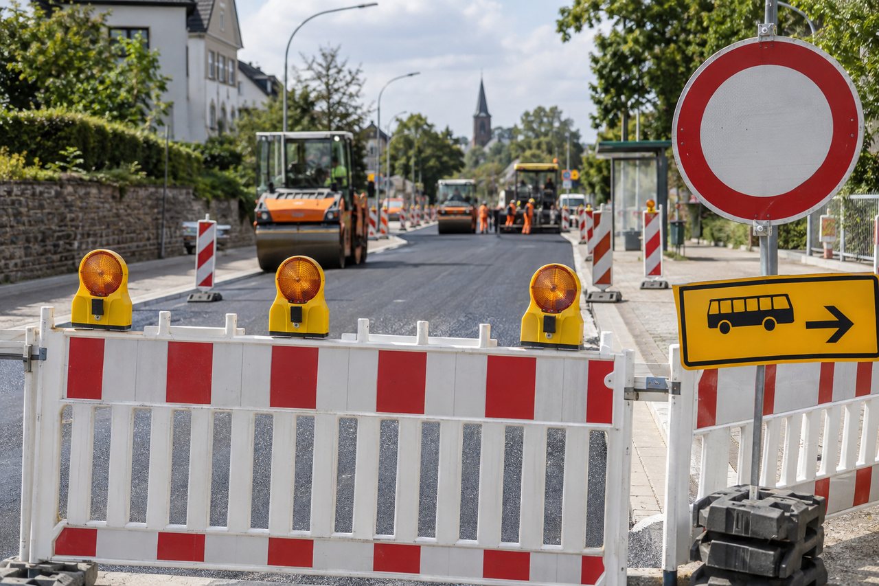 Symbolbild: Straßensperrung während Asphaltarbeiten in Hürth