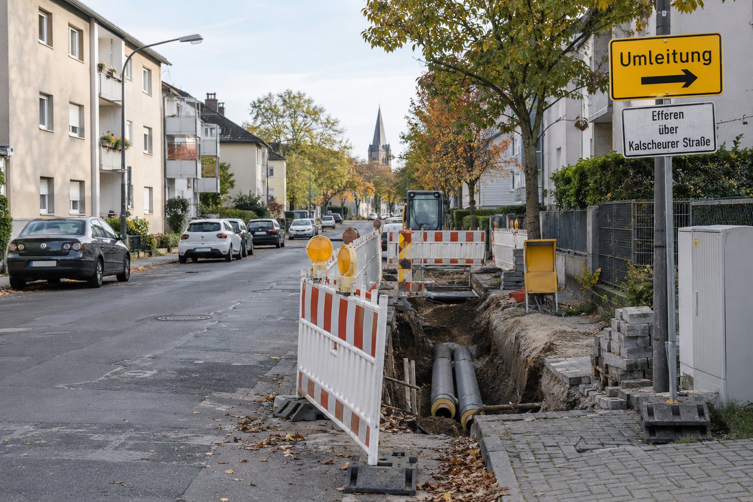 Realistisches redaktionelles Symbolbild von Fernwärmearbeiten in einer Wohnstraße in Hürth-Efferen