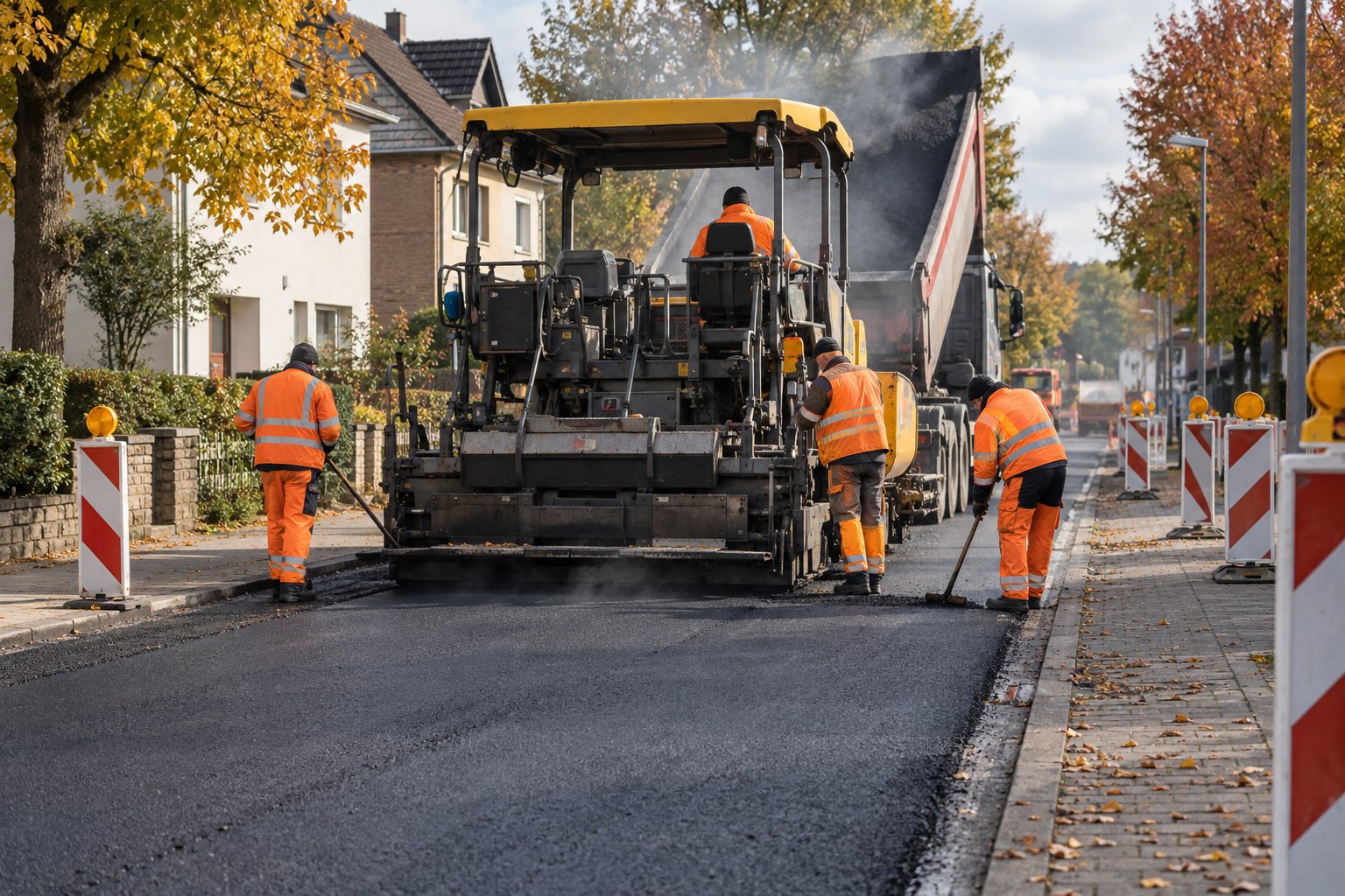 Asphaltarbeiten auf einer Wohnstraße in Hürth