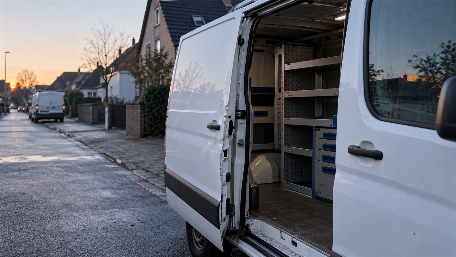 Geöffneter weißer Handwerkertransporter mit leeren Werkzeugregalen am frühen Morgen