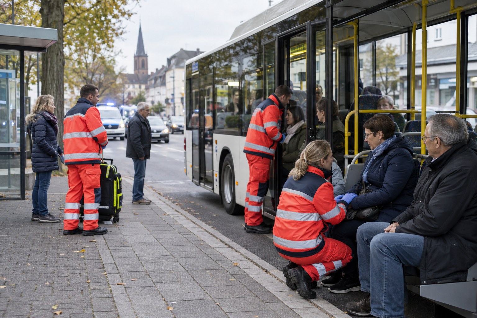 Rettungsdienst an einem Linienbus als redaktionelles Symbolbild
