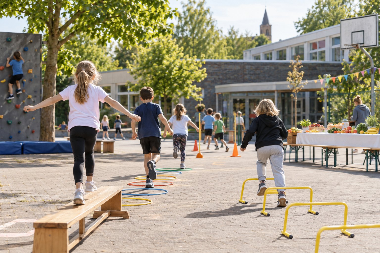 Realistisches redaktionelles Symbolbild eines Bewegungs- und Gesundheitstags an einer Grundschule