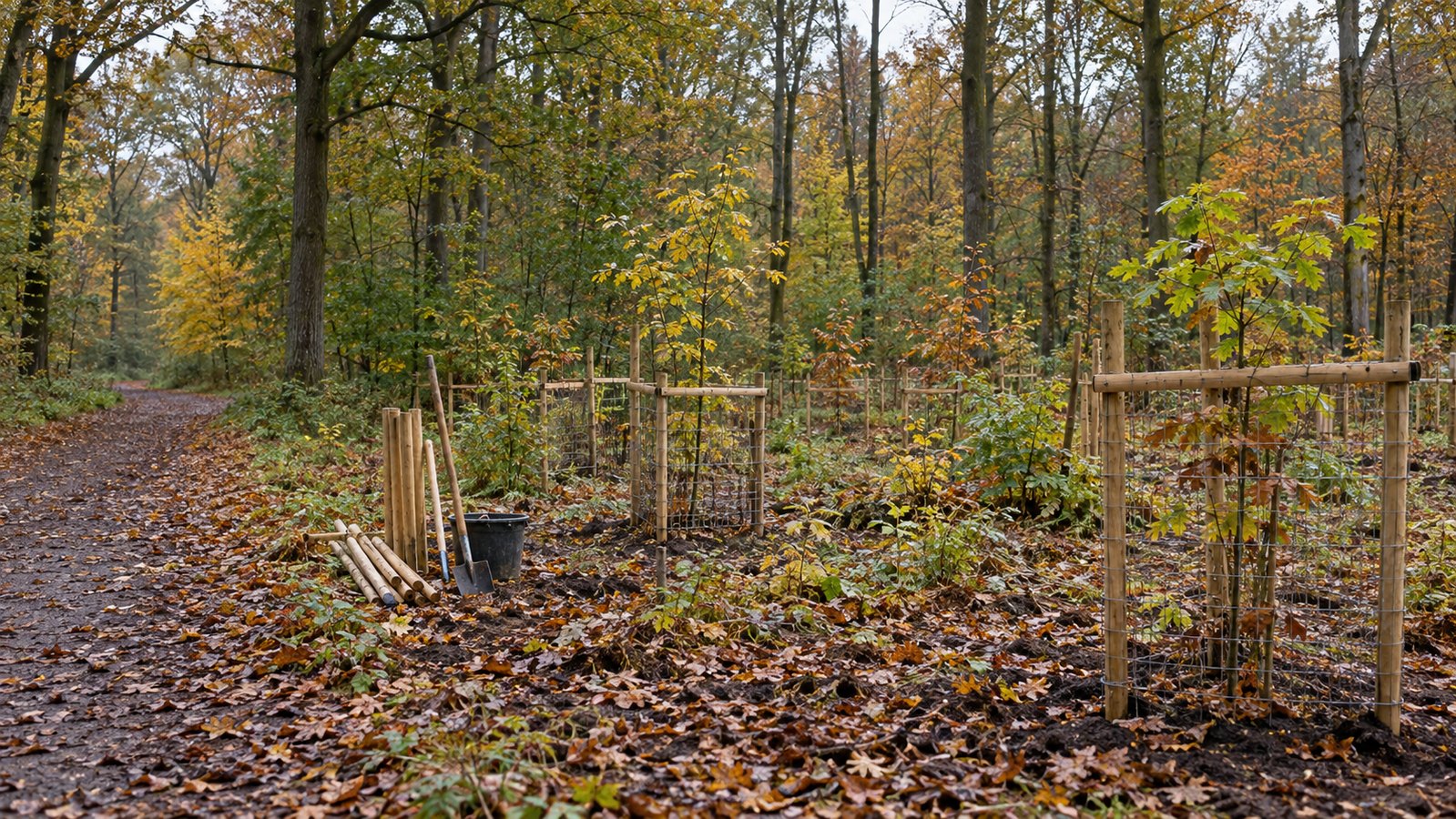 Junge Bäume mit Schutzgattern in einem herbstlichen Laubwald