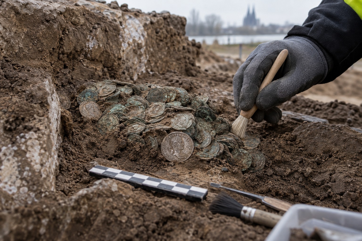 Archäologische Freilegung eines römischen Münzschatzes nahe dem Rhein