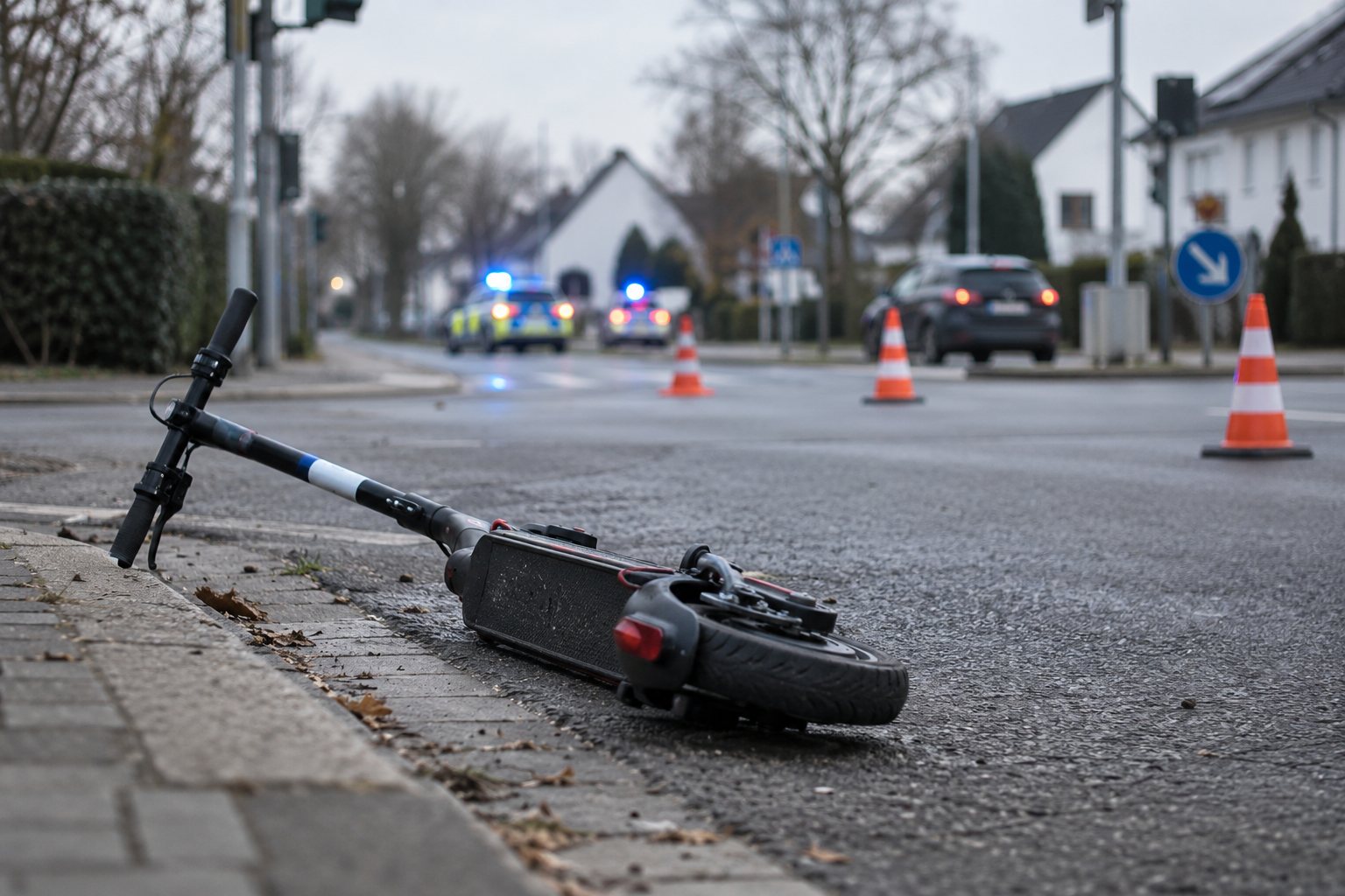 Realistisches Symbolbild eines abgesperrten E-Scooters nach einem Verkehrsunfall