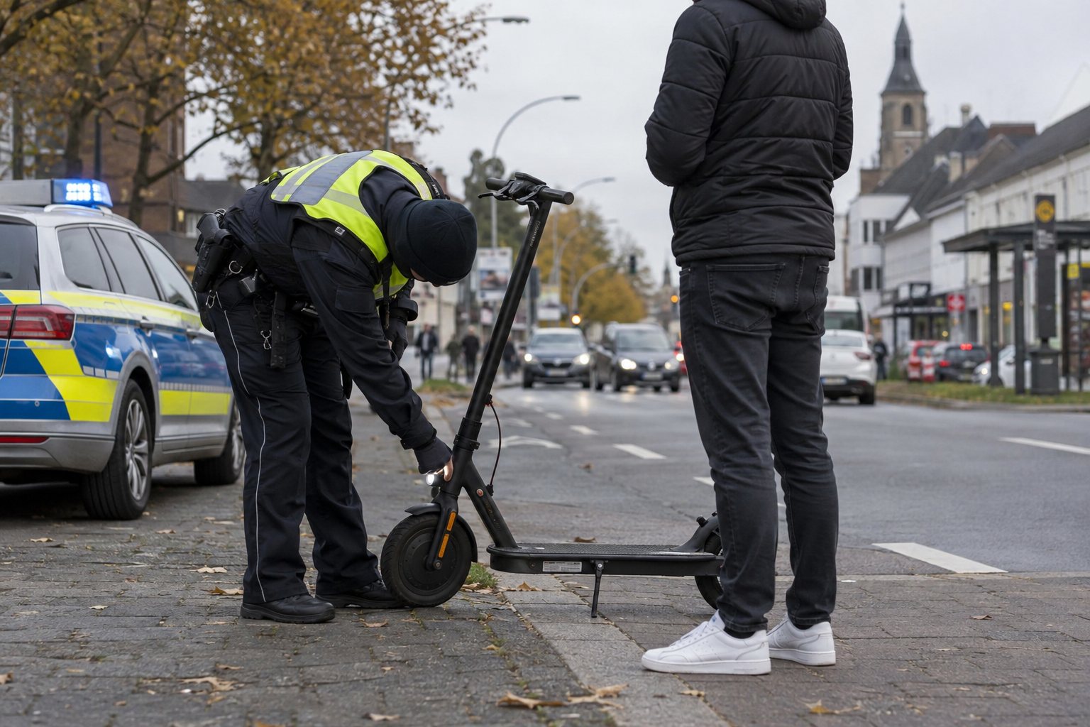 Polizeikontrolle eines E-Scooters auf einer Straße in Pulheim