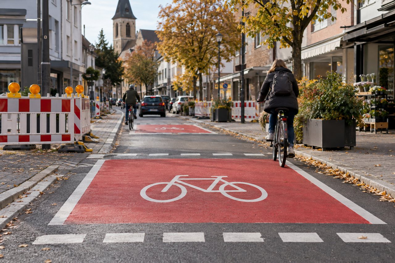 Symbolbild: neue Fahrradstraßenmarkierungen in einem Pulheimer Straßenzug