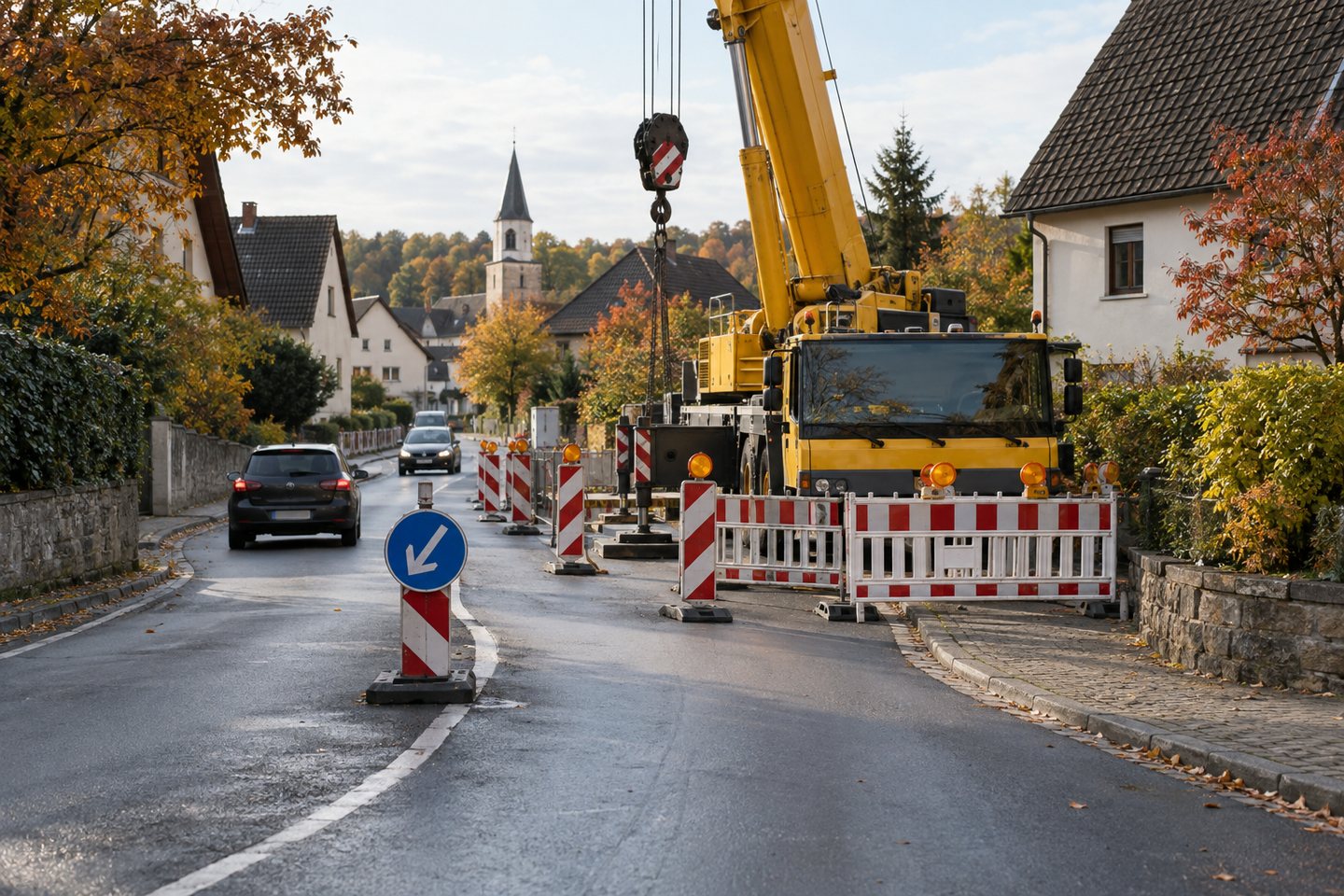 Symbolbild: Mobilkran mit halbseitiger Straßensperrung in einem Wohngebiet