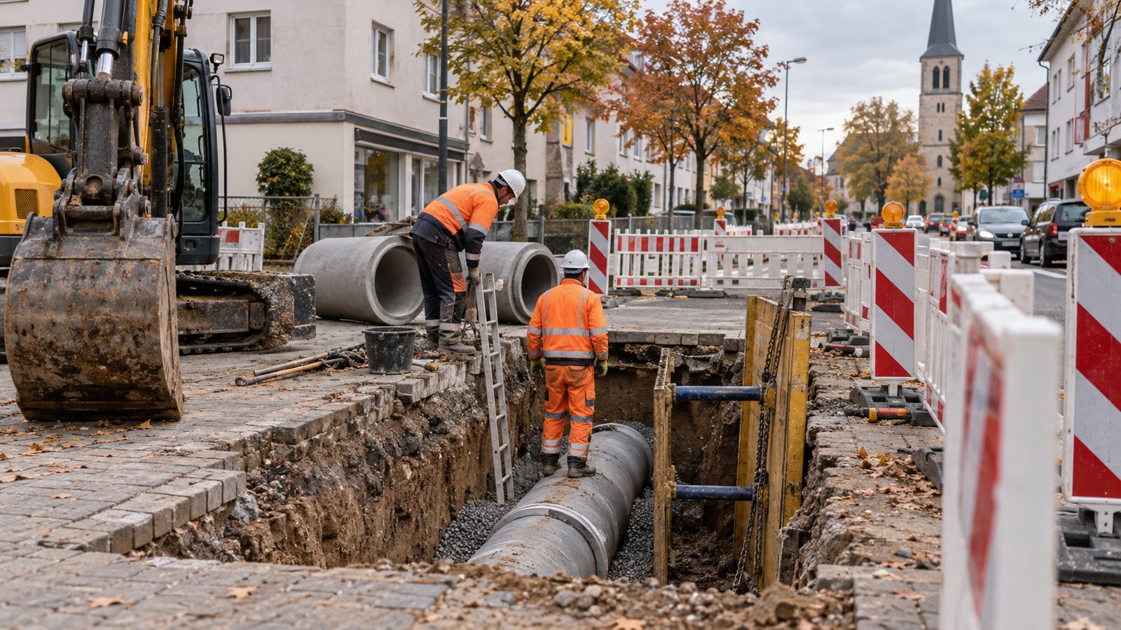 Symbolbild: Kanalsanierung in einer innerstädtischen Straße