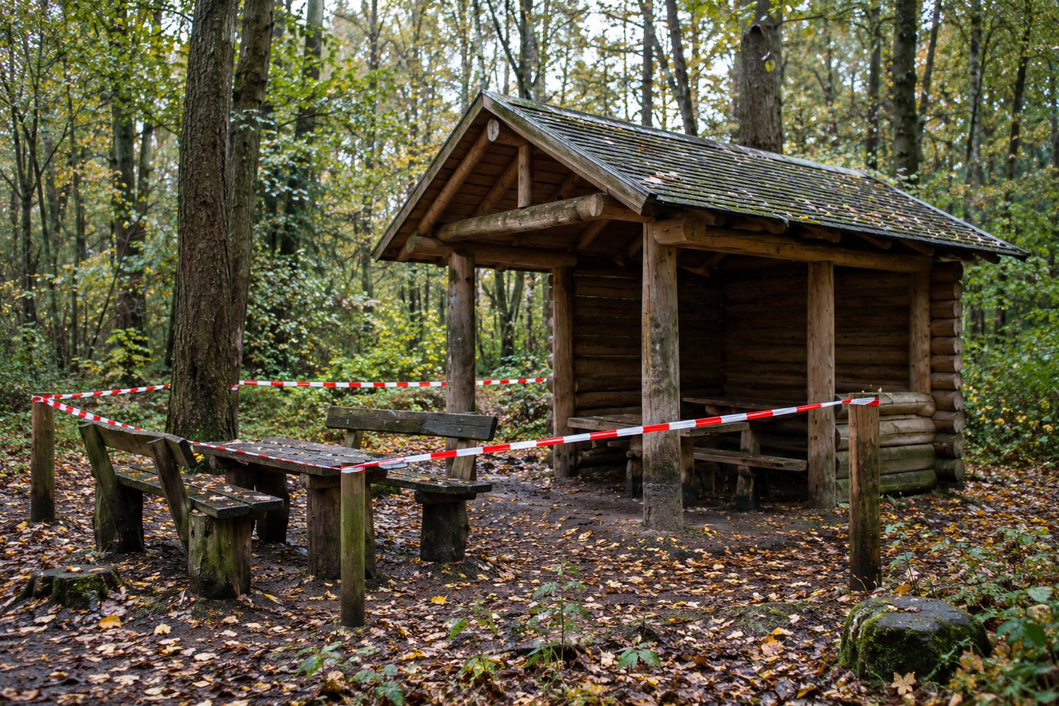 Realistisches redaktionelles Symbolbild einer abgesperrten Schutzhütte in einem herbstlichen Wald