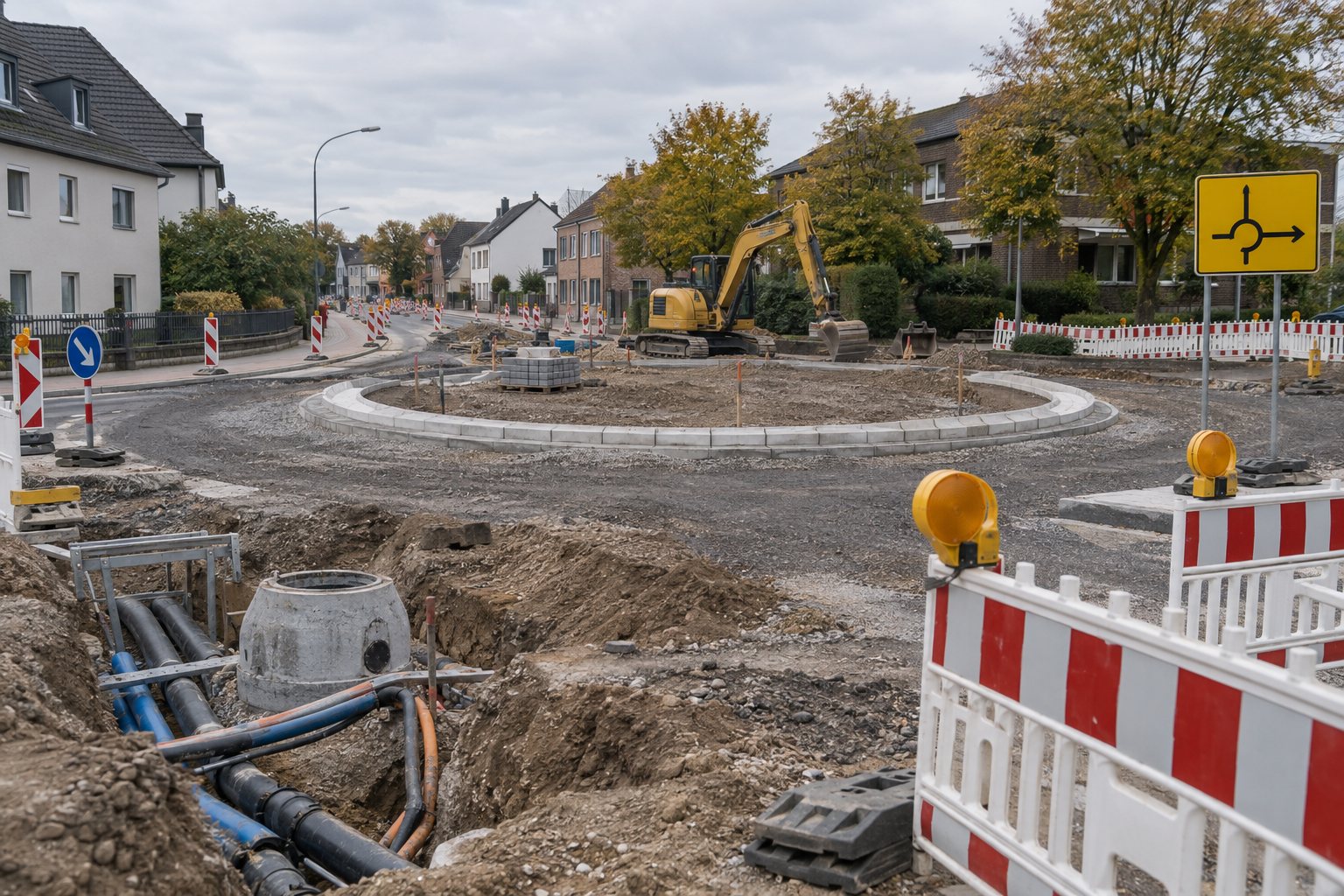 Realistisches Symbolbild einer Kreisverkehr-Baustelle in einer Pulheimer Wohnstraße