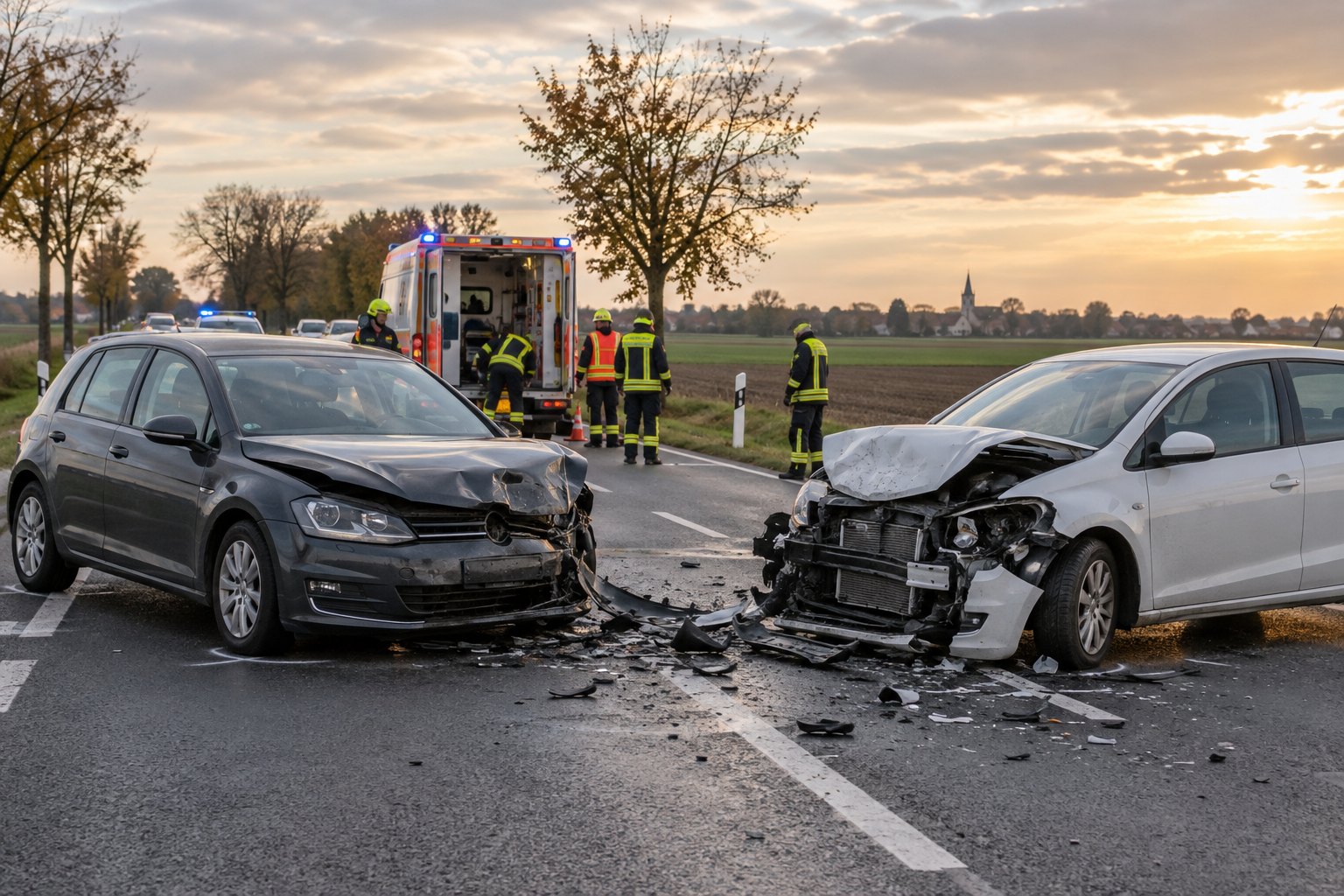 Zwei beschädigte Autos und Rettungskräfte auf einer Landstraße